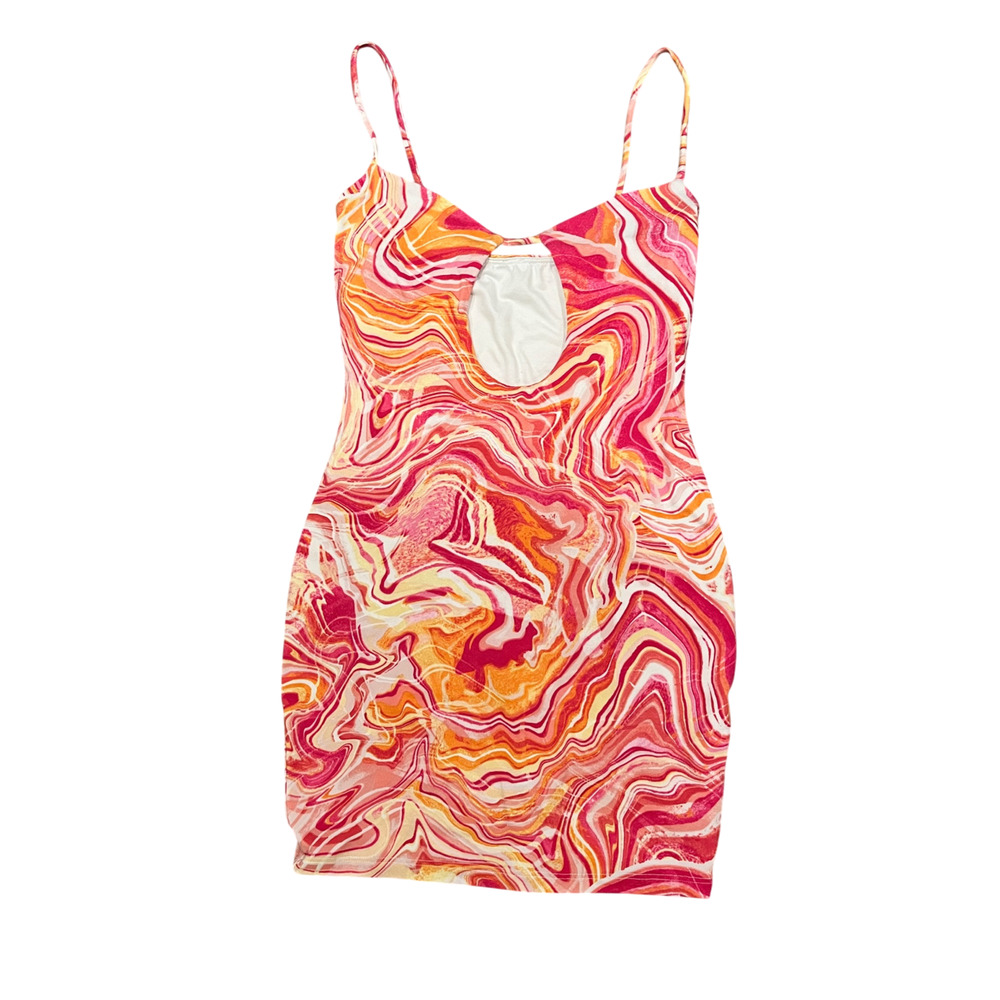 Spaghetti Strap Keyhole Mini Dress - Pink Multi